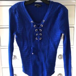 INC Blue Ribbed Long Sleeve Drawstring Top